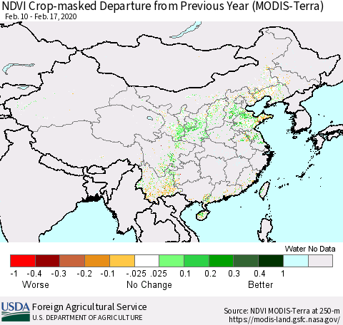 China and Taiwan Cropland NDVI Departure from Previous Year (Terra-MODIS) Thematic Map For 2/11/2020 - 2/20/2020