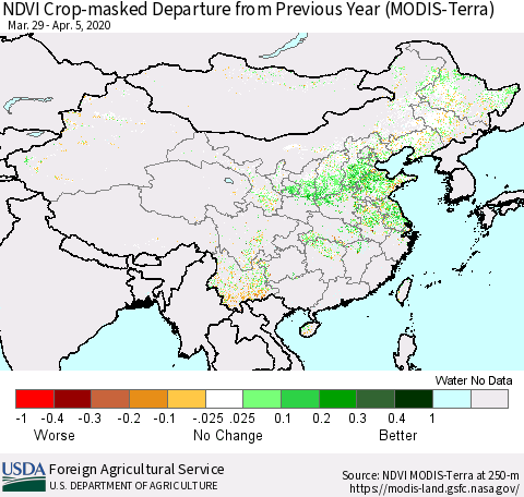 China and Taiwan Cropland NDVI Departure from Previous Year (Terra-MODIS) Thematic Map For 4/1/2020 - 4/10/2020