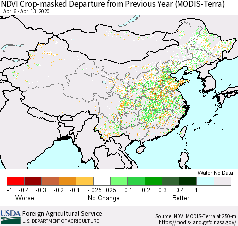 China and Taiwan Cropland NDVI Departure from Previous Year (Terra-MODIS) Thematic Map For 4/11/2020 - 4/20/2020