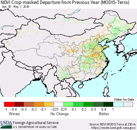 China and Taiwan Cropland NDVI Departure from Previous Year (Terra-MODIS) Thematic Map For 5/1/2020 - 5/10/2020