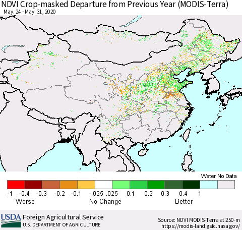 China and Taiwan Cropland NDVI Departure from Previous Year (Terra-MODIS) Thematic Map For 5/21/2020 - 5/31/2020