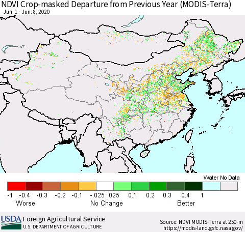 China and Taiwan Cropland NDVI Departure from Previous Year (Terra-MODIS) Thematic Map For 6/1/2020 - 6/10/2020