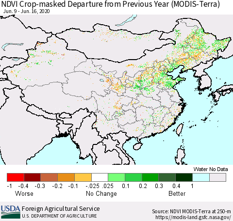 China and Taiwan Cropland NDVI Departure from Previous Year (Terra-MODIS) Thematic Map For 6/11/2020 - 6/20/2020