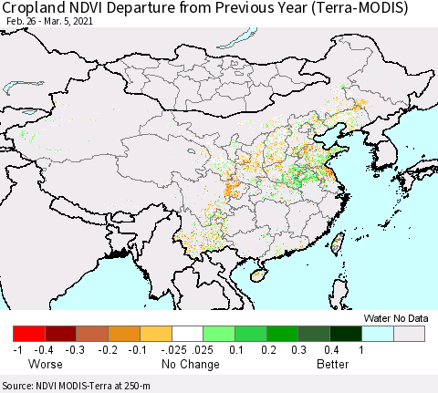 China, Mongolia and Taiwan Cropland NDVI Departure from Previous Year (Terra-MODIS) Thematic Map For 2/26/2021 - 3/5/2021