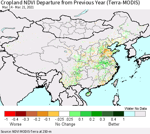 China, Mongolia and Taiwan Cropland NDVI Departure from Previous Year (Terra-MODIS) Thematic Map For 3/14/2021 - 3/21/2021