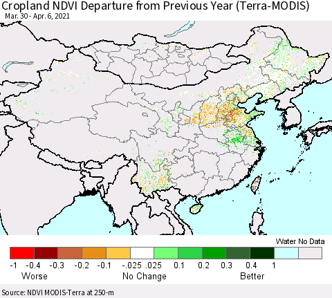 China, Mongolia and Taiwan Cropland NDVI Departure from Previous Year (Terra-MODIS) Thematic Map For 3/30/2021 - 4/6/2021