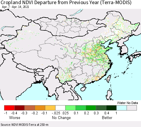 China, Mongolia and Taiwan Cropland NDVI Departure from Previous Year (Terra-MODIS) Thematic Map For 4/7/2021 - 4/14/2021