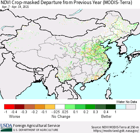China and Taiwan Cropland NDVI Departure from Previous Year (Terra-MODIS) Thematic Map For 4/11/2021 - 4/20/2021