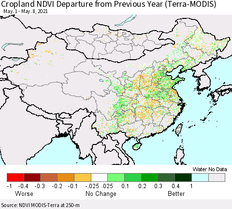 China, Mongolia and Taiwan Cropland NDVI Departure from Previous Year (Terra-MODIS) Thematic Map For 5/1/2021 - 5/8/2021