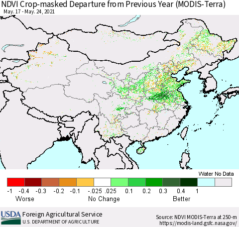 China and Taiwan Cropland NDVI Departure from Previous Year (Terra-MODIS) Thematic Map For 5/21/2021 - 5/31/2021