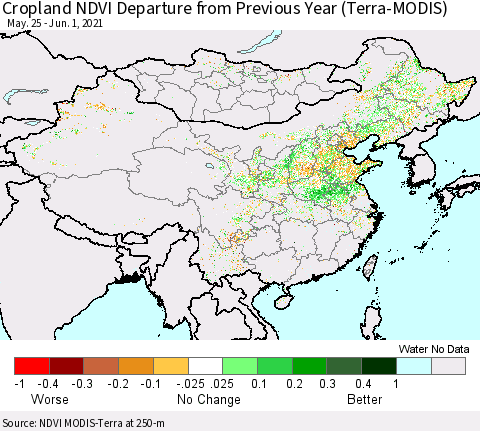 China, Mongolia and Taiwan Cropland NDVI Departure from Previous Year (Terra-MODIS) Thematic Map For 5/25/2021 - 6/1/2021