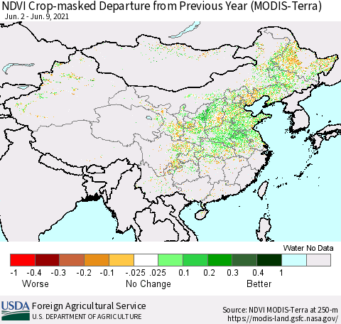 China and Taiwan Cropland NDVI Departure from Previous Year (Terra-MODIS) Thematic Map For 6/1/2021 - 6/10/2021