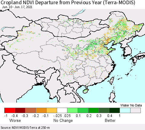 China, Mongolia and Taiwan Cropland NDVI Departure from Previous Year (Terra-MODIS) Thematic Map For 6/10/2021 - 6/17/2021