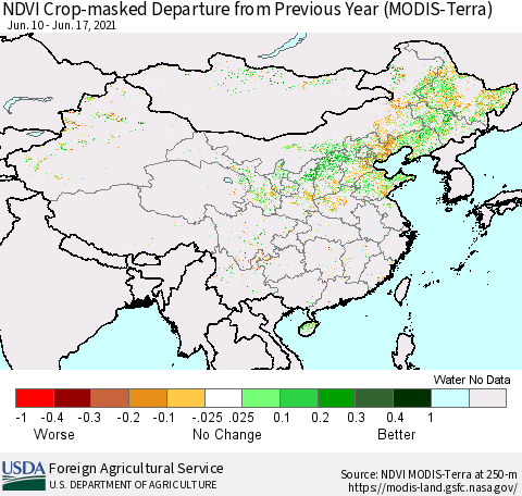 China and Taiwan Cropland NDVI Departure from Previous Year (Terra-MODIS) Thematic Map For 6/11/2021 - 6/20/2021