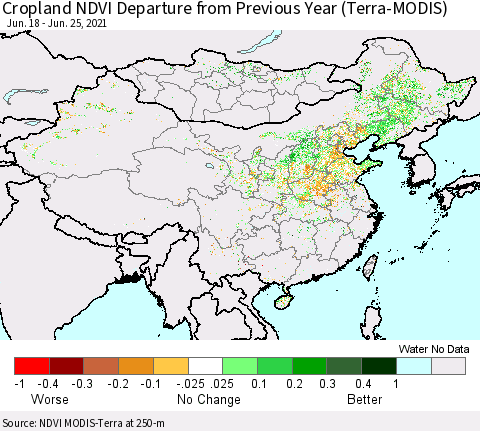 China, Mongolia and Taiwan Cropland NDVI Departure from Previous Year (Terra-MODIS) Thematic Map For 6/18/2021 - 6/25/2021