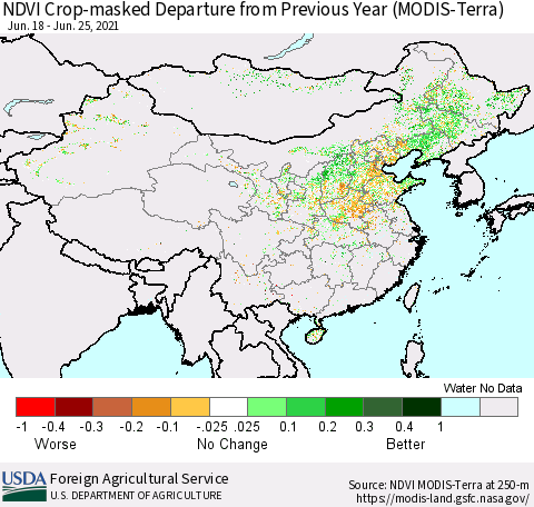 China and Taiwan Cropland NDVI Departure from Previous Year (Terra-MODIS) Thematic Map For 6/21/2021 - 6/30/2021