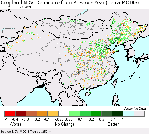 China, Mongolia and Taiwan Cropland NDVI Departure from Previous Year (Terra-MODIS) Thematic Map For 7/20/2021 - 7/27/2021