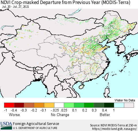 China and Taiwan Cropland NDVI Departure from Previous Year (Terra-MODIS) Thematic Map For 7/21/2021 - 7/31/2021