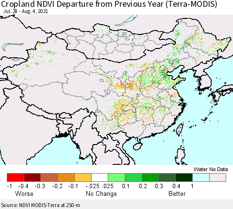China, Mongolia and Taiwan Cropland NDVI Departure from Previous Year (Terra-MODIS) Thematic Map For 7/28/2021 - 8/4/2021