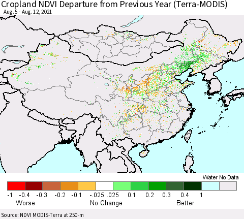 China, Mongolia and Taiwan Cropland NDVI Departure from Previous Year (Terra-MODIS) Thematic Map For 8/5/2021 - 8/12/2021