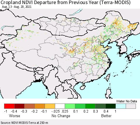 China and Taiwan Cropland NDVI Departure from Previous Year (Terra-MODIS) Thematic Map For 8/11/2021 - 8/20/2021