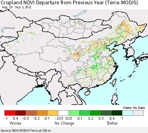 China, Mongolia and Taiwan Cropland NDVI Departure from Previous Year (Terra-MODIS) Thematic Map For 8/29/2021 - 9/5/2021