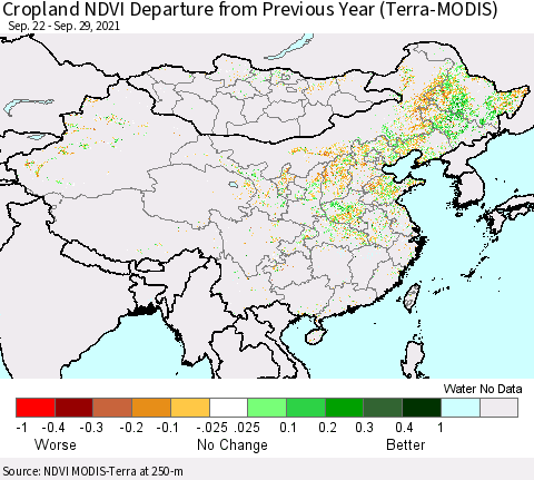 China, Mongolia and Taiwan Cropland NDVI Departure from Previous Year (Terra-MODIS) Thematic Map For 9/22/2021 - 9/29/2021