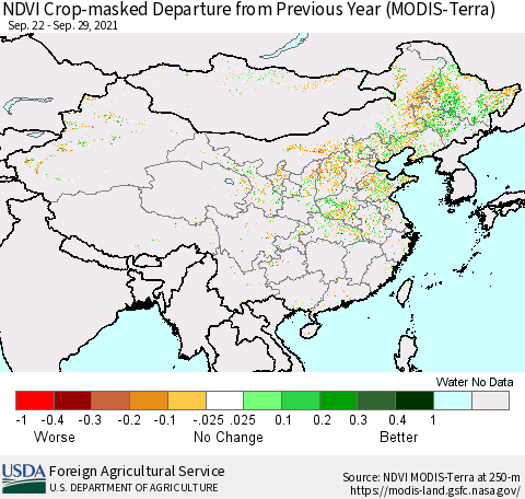 China and Taiwan Cropland NDVI Departure from Previous Year (Terra-MODIS) Thematic Map For 9/21/2021 - 9/30/2021