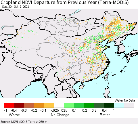 China, Mongolia and Taiwan Cropland NDVI Departure from Previous Year (Terra-MODIS) Thematic Map For 9/30/2021 - 10/7/2021