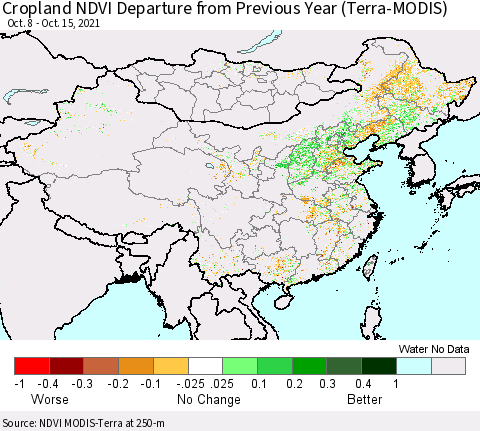 China, Mongolia and Taiwan Cropland NDVI Departure from Previous Year (Terra-MODIS) Thematic Map For 10/8/2021 - 10/15/2021