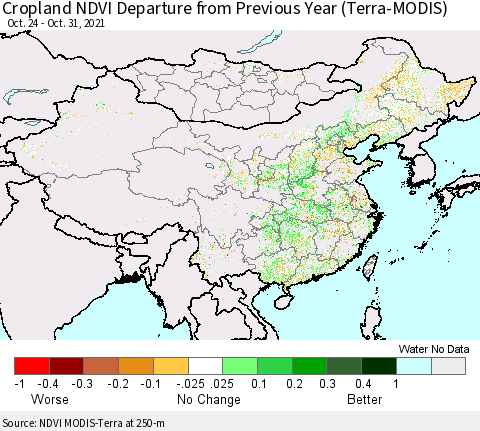 China and Taiwan Cropland NDVI Departure from Previous Year (Terra-MODIS) Thematic Map For 10/21/2021 - 10/31/2021