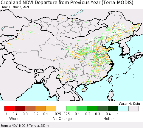 China, Mongolia and Taiwan Cropland NDVI Departure from Previous Year (Terra-MODIS) Thematic Map For 11/1/2021 - 11/8/2021