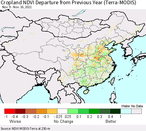 China, Mongolia and Taiwan Cropland NDVI Departure from Previous Year (Terra-MODIS) Thematic Map For 11/9/2021 - 11/16/2021