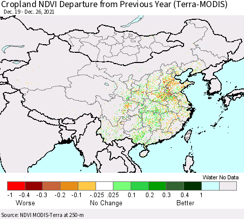 China, Mongolia and Taiwan Cropland NDVI Departure from Previous Year (Terra-MODIS) Thematic Map For 12/19/2021 - 12/26/2021