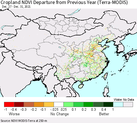 China, Mongolia and Taiwan Cropland NDVI Departure from Previous Year (Terra-MODIS) Thematic Map For 12/26/2021 - 1/2/2022