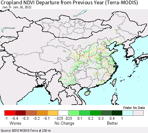 China, Mongolia and Taiwan Cropland NDVI Departure from Previous Year (Terra-MODIS) Thematic Map For 1/9/2022 - 1/16/2022