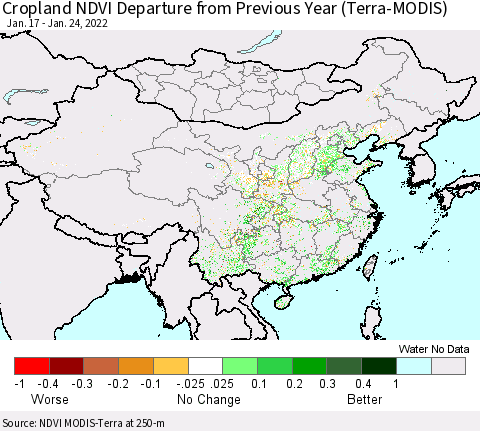 China, Mongolia and Taiwan Cropland NDVI Departure from Previous Year (Terra-MODIS) Thematic Map For 1/17/2022 - 1/24/2022