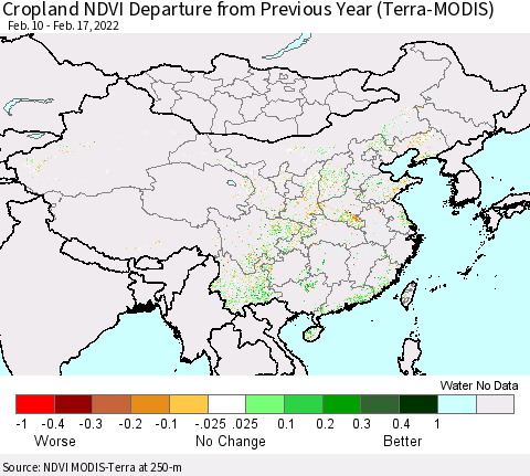 China, Mongolia and Taiwan Cropland NDVI Departure from Previous Year (Terra-MODIS) Thematic Map For 2/10/2022 - 2/17/2022