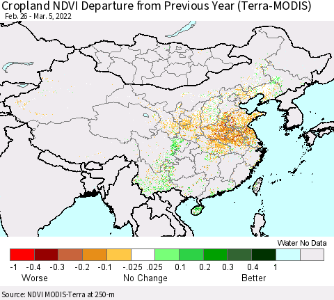 China, Mongolia and Taiwan Cropland NDVI Departure from Previous Year (Terra-MODIS) Thematic Map For 2/26/2022 - 3/5/2022