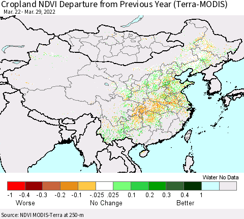 China, Mongolia and Taiwan Cropland NDVI Departure from Previous Year (Terra-MODIS) Thematic Map For 3/22/2022 - 3/29/2022