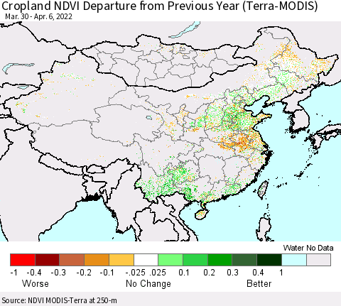 China, Mongolia and Taiwan Cropland NDVI Departure from Previous Year (Terra-MODIS) Thematic Map For 3/30/2022 - 4/6/2022