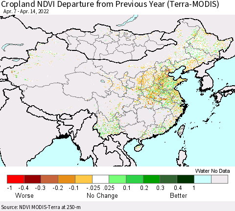 China, Mongolia and Taiwan Cropland NDVI Departure from Previous Year (Terra-MODIS) Thematic Map For 4/7/2022 - 4/14/2022