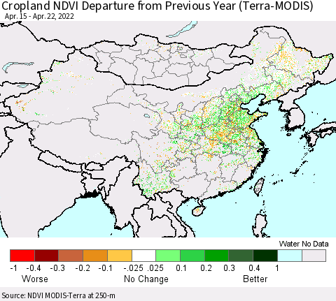 China, Mongolia and Taiwan Cropland NDVI Departure from Previous Year (Terra-MODIS) Thematic Map For 4/15/2022 - 4/22/2022