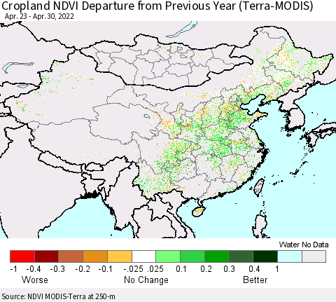 China, Mongolia and Taiwan Cropland NDVI Departure from Previous Year (Terra-MODIS) Thematic Map For 4/23/2022 - 4/30/2022