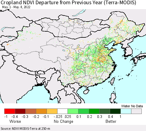 China, Mongolia and Taiwan Cropland NDVI Departure from Previous Year (Terra-MODIS) Thematic Map For 5/1/2022 - 5/8/2022