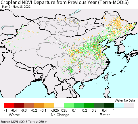 China, Mongolia and Taiwan Cropland NDVI Departure from Previous Year (Terra-MODIS) Thematic Map For 5/9/2022 - 5/16/2022