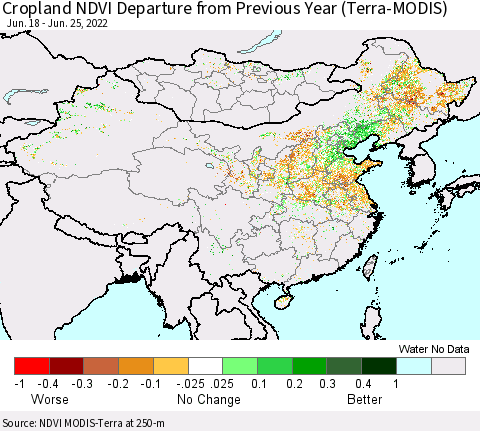 China, Mongolia and Taiwan Cropland NDVI Departure from Previous Year (Terra-MODIS) Thematic Map For 6/18/2022 - 6/25/2022