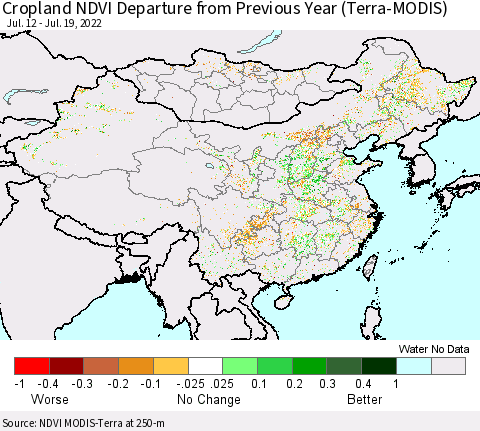 China, Mongolia and Taiwan Cropland NDVI Departure from Previous Year (Terra-MODIS) Thematic Map For 7/12/2022 - 7/19/2022