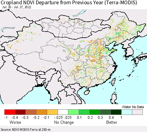 China, Mongolia and Taiwan Cropland NDVI Departure from Previous Year (Terra-MODIS) Thematic Map For 7/20/2022 - 7/27/2022