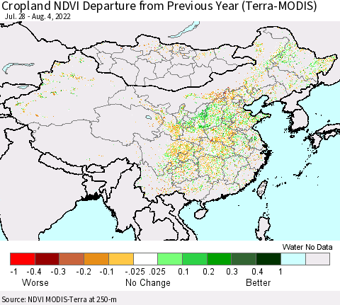 China, Mongolia and Taiwan Cropland NDVI Departure from Previous Year (Terra-MODIS) Thematic Map For 7/28/2022 - 8/4/2022